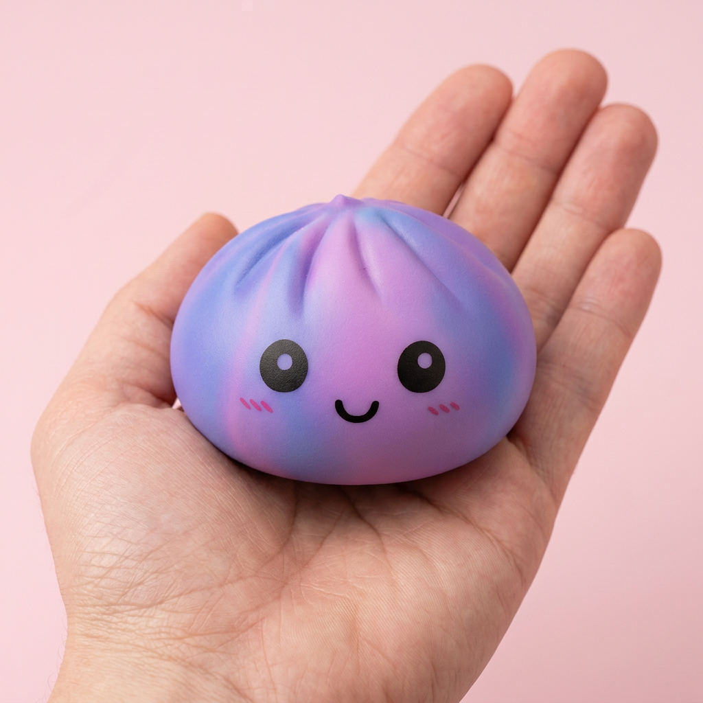 Squishy Dumpling Violet Tie-Dye tenu en main, taille réelle