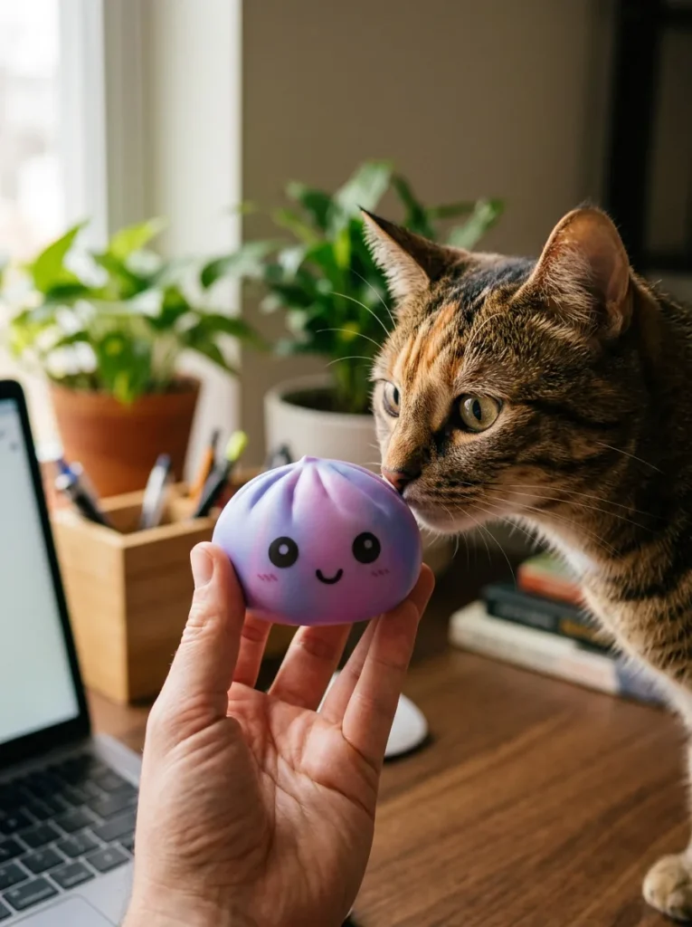 Squishy Dumpling Violet Tie-Dye tenu près d'un animal de compagnie curieux