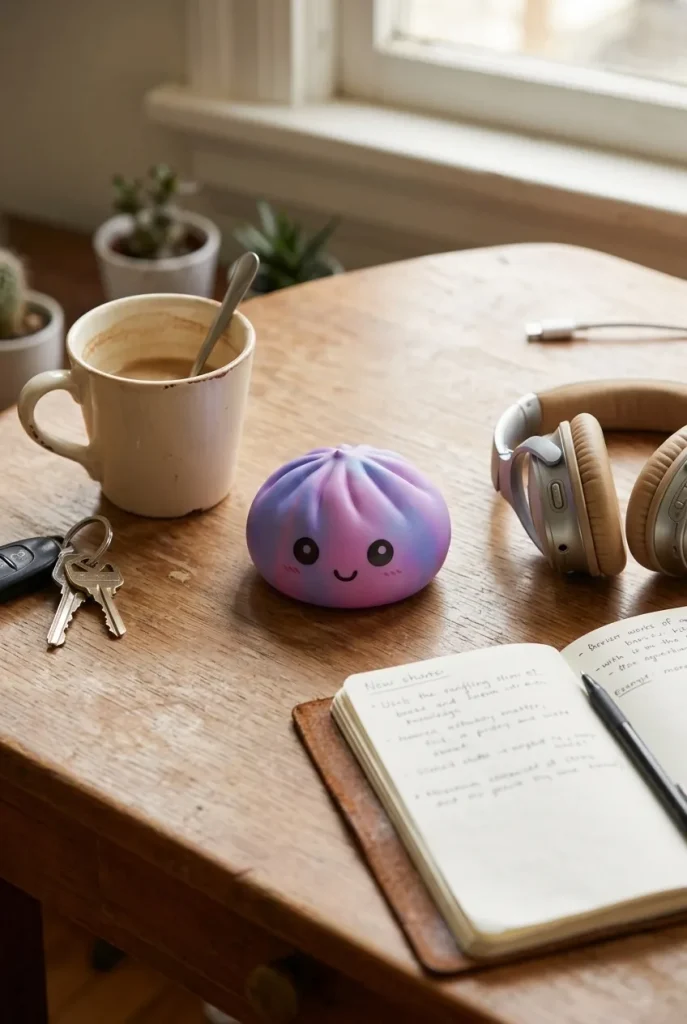 Squishy Dumpling Violet Tie-Dye posé sur un bureau, dans le quotidien