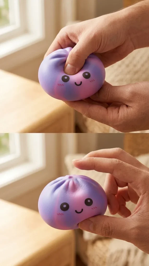 Squishy Dumpling Violet Tie-Dye pressé dans la main — effet squishy slow-rise