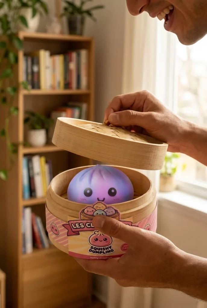 Déballage du Squishy Dumpling Violet Tie-Dye — la boîte panier vapeur s'ouvre