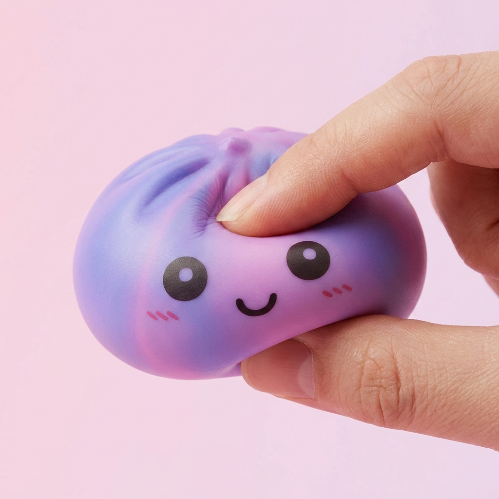 Squishy Dumpling Violet Tie-Dye pressé dans la main, matière squishy