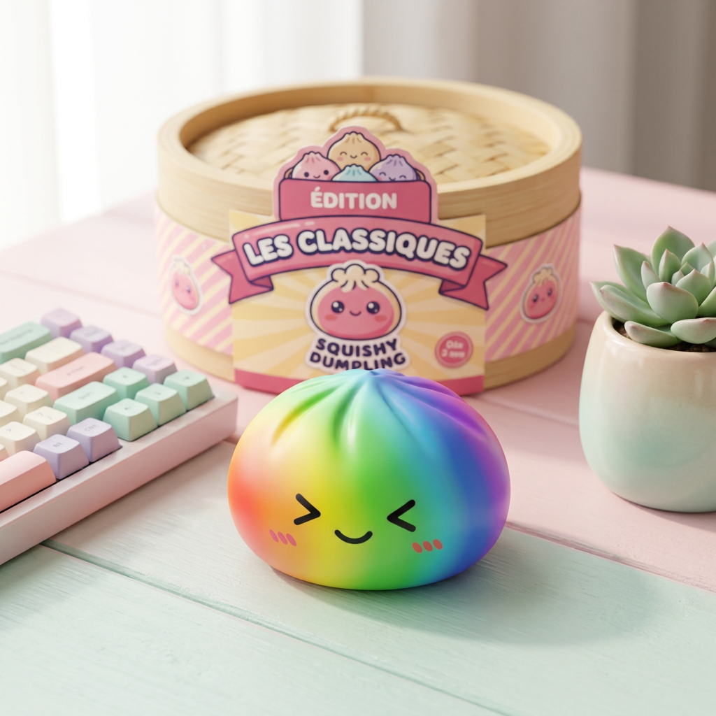 Rainbow Dumpling Squishy Multicolore Kawaii en ambiance sur un bureau