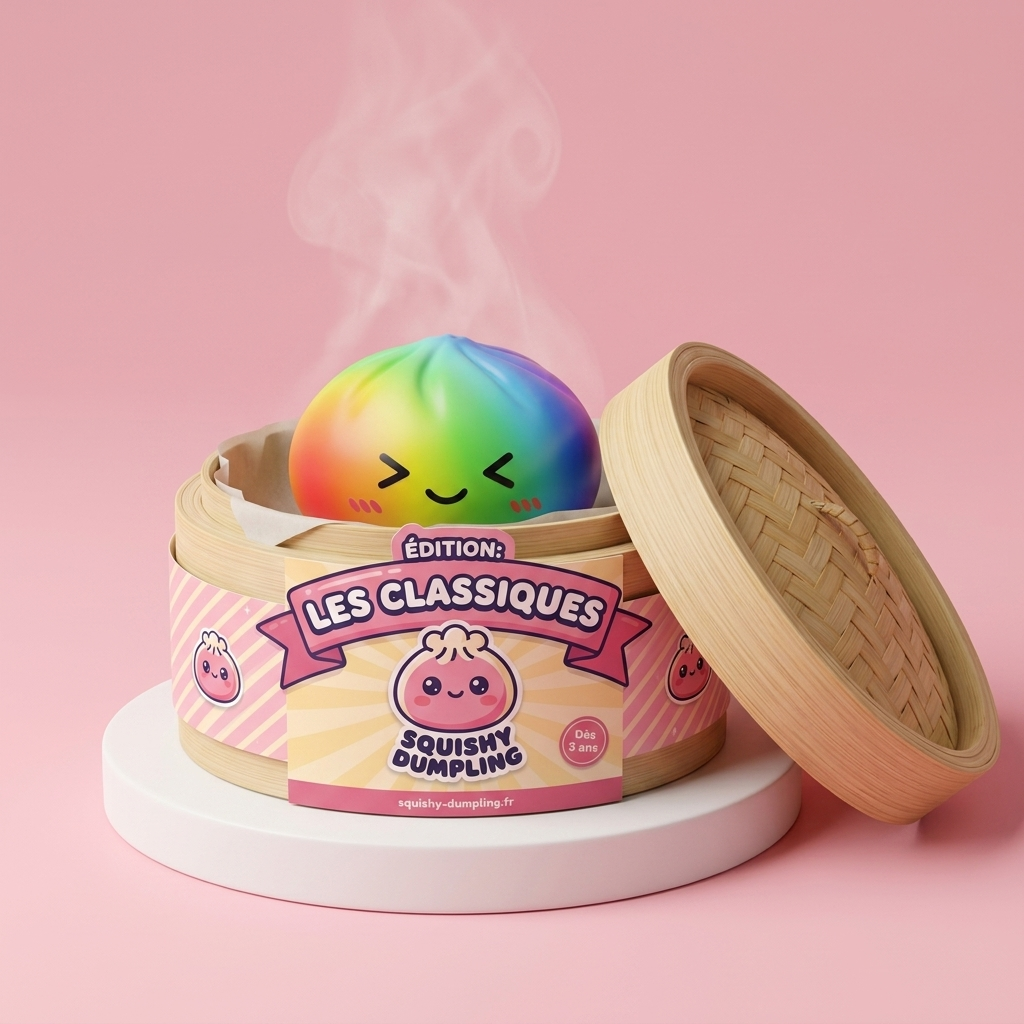 Rainbow Dumpling Squishy Multicolore Kawaii dans sa boîte panier vapeur bambou