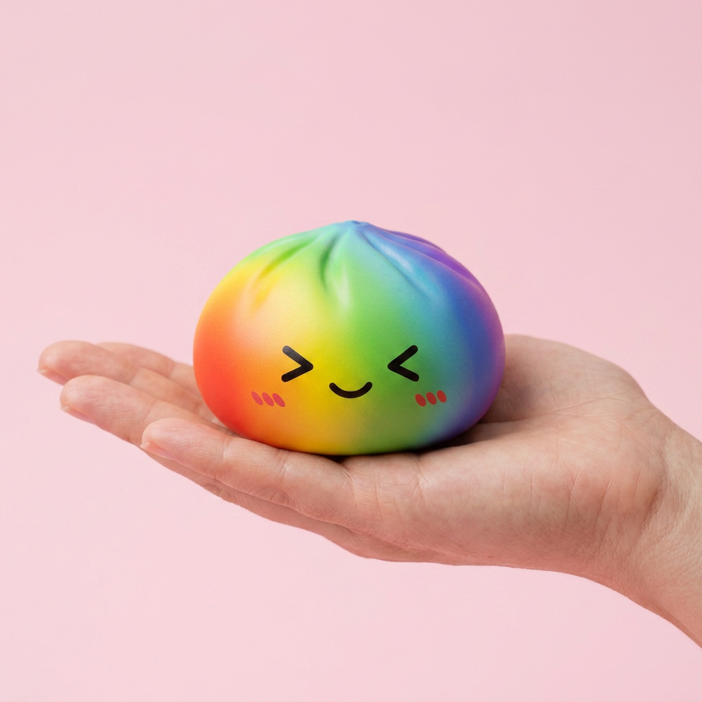 Rainbow Dumpling Squishy Multicolore Kawaii tenu en main, taille réelle