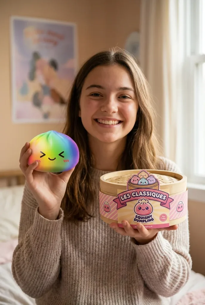 Rainbow Dumpling Squishy Multicolore Kawaii présenté avec sa boîte panier vapeur — photo client