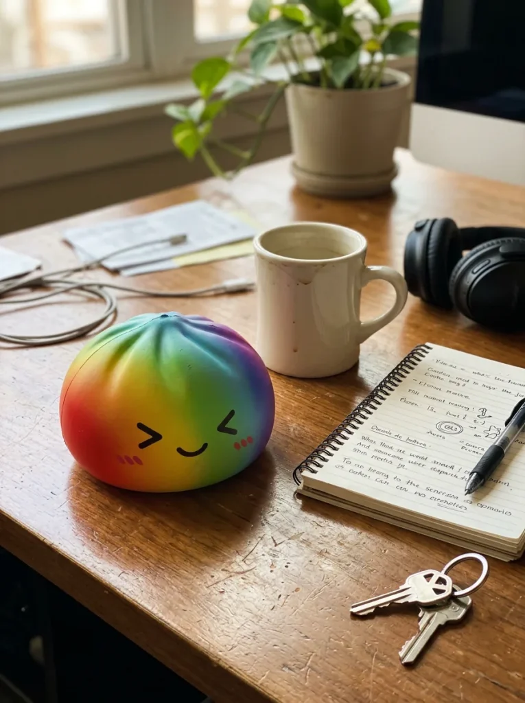 Rainbow Dumpling Squishy Multicolore Kawaii posé sur un bureau, dans le quotidien