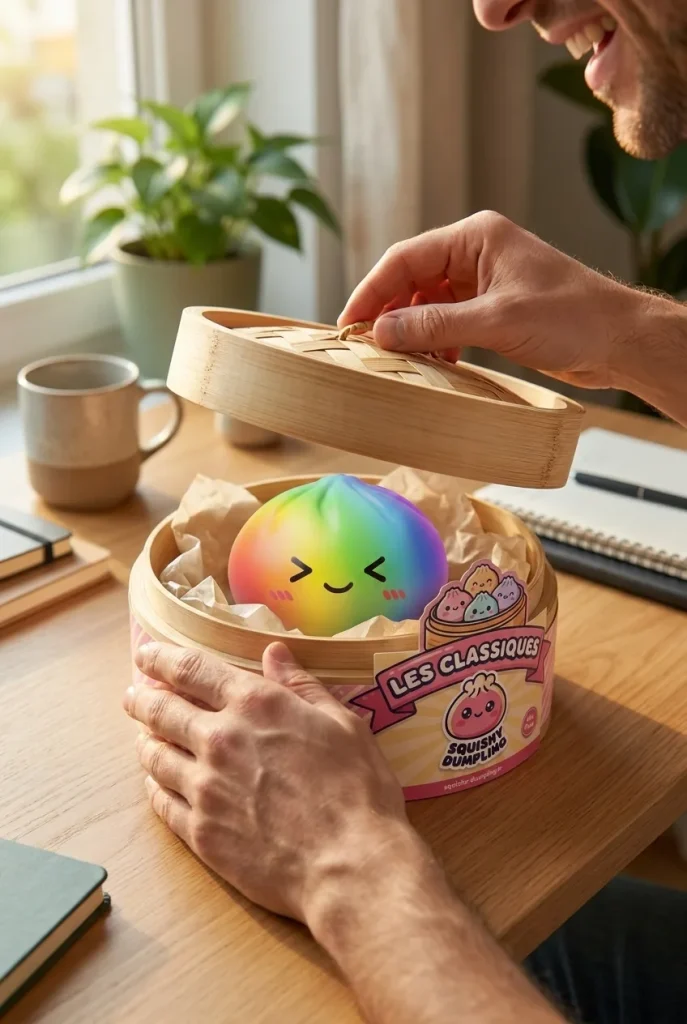 Déballage du Rainbow Dumpling Squishy Multicolore Kawaii — la boîte panier vapeur s'ouvre