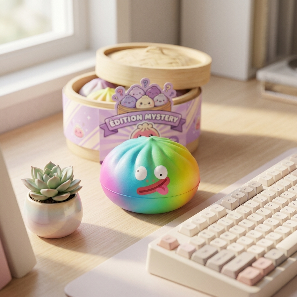 Rainbow Mystery Dumplings Squishy Édition Vive en ambiance sur un bureau