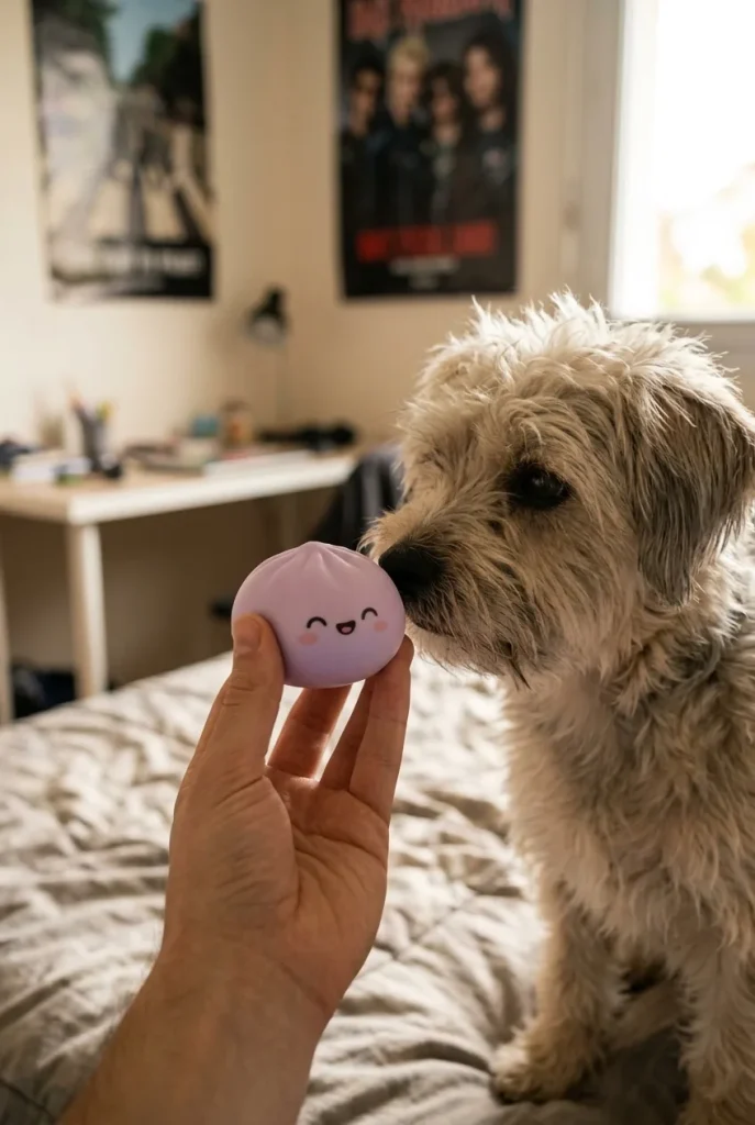 Rainbow Mystery Dumplings Squishy Édition Vive tenu près d'un animal de compagnie curieux