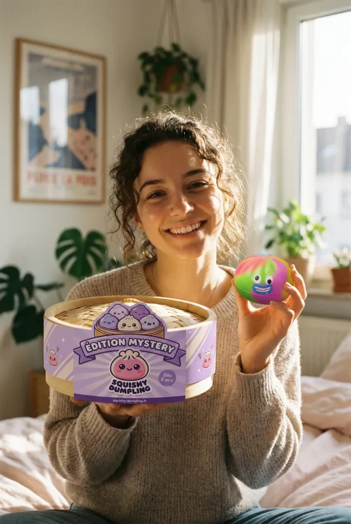 Rainbow Mystery Dumplings Squishy Édition Vive présenté avec sa boîte panier vapeur — photo client