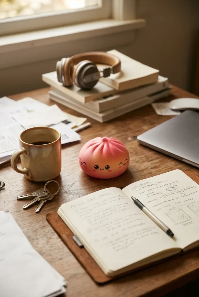 Rainbow Mystery Dumplings Squishy Édition Vive posé sur un bureau, dans le quotidien