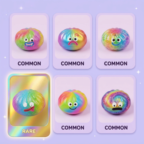Rainbow Mystery Dumplings Squishy Édition Vive — carte des raretés (commun, rare, ultra rare)