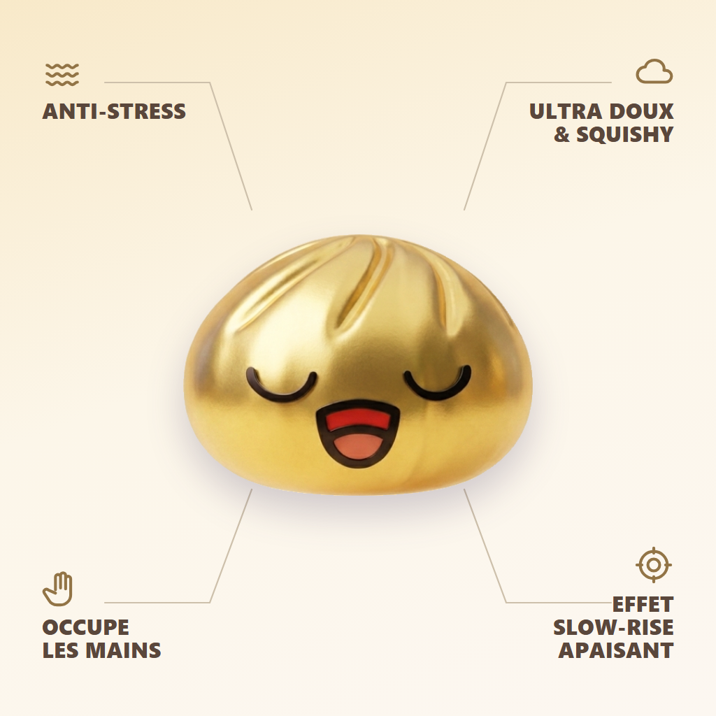 Rare Dumpling Squishy Doré Trésor — anti-stress, ultra doux, effet slow-rise