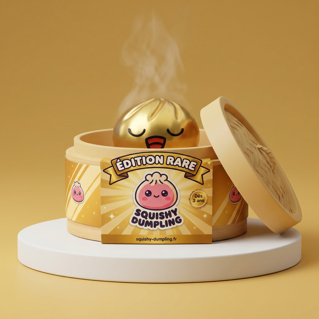 Rare Dumpling Squishy Doré Trésor dans sa boîte panier vapeur bambou