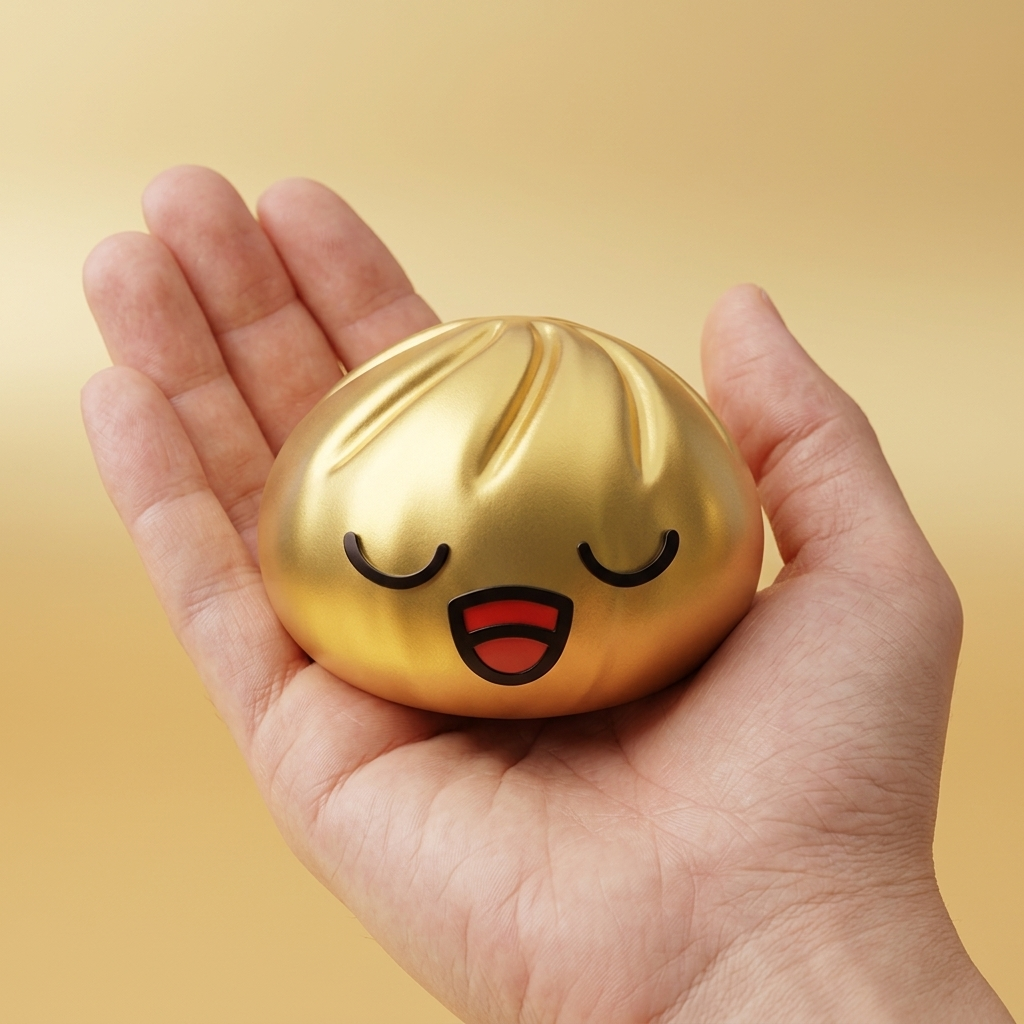 Rare Dumpling Squishy Doré Trésor tenu en main, taille réelle