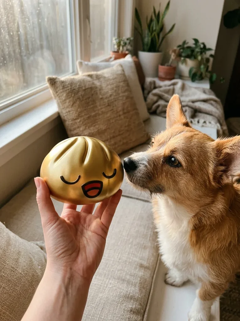 Rare Dumpling Squishy Doré Trésor tenu près d'un animal de compagnie curieux