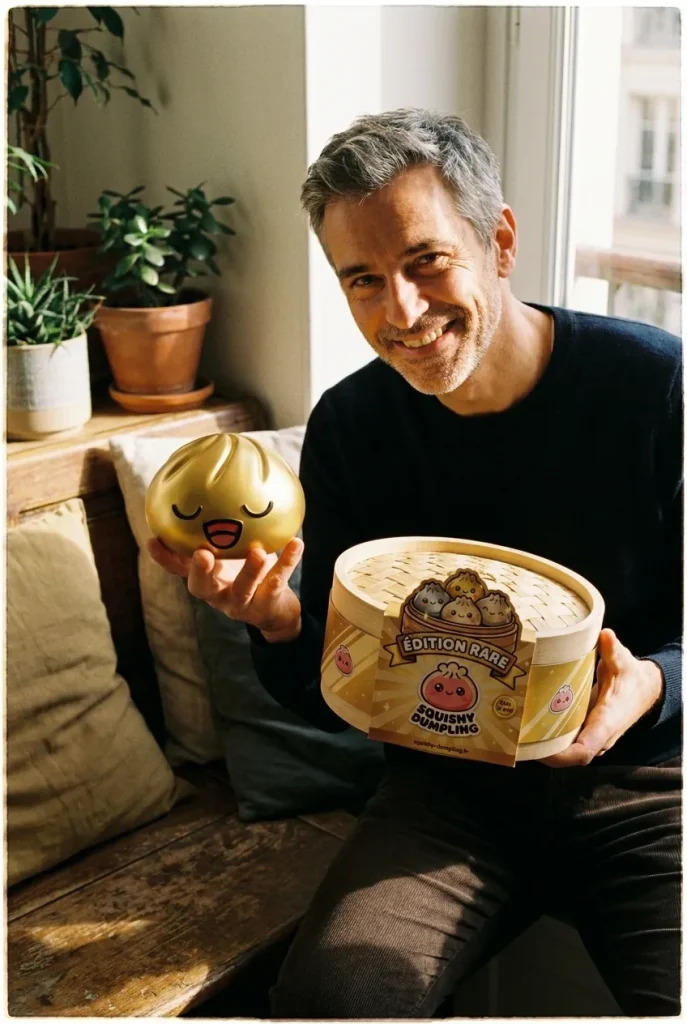 Rare Dumpling Squishy Doré Trésor présenté avec sa boîte panier vapeur — photo client