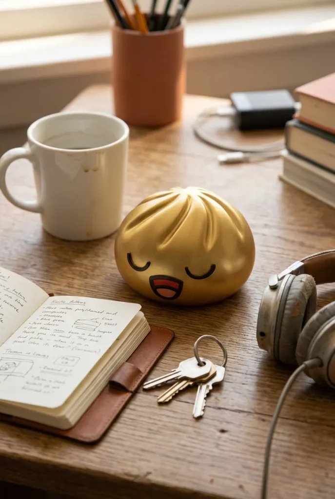 Rare Dumpling Squishy Doré Trésor posé sur un bureau, dans le quotidien