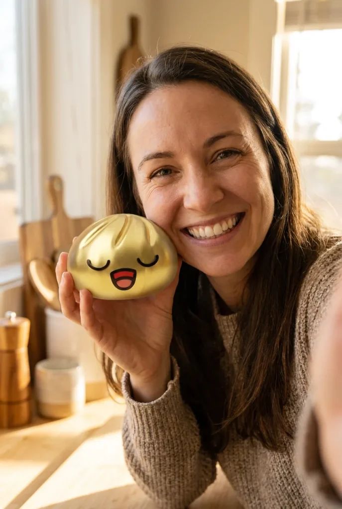 Rare Dumpling Squishy Doré Trésor tenu près du visage — photo client