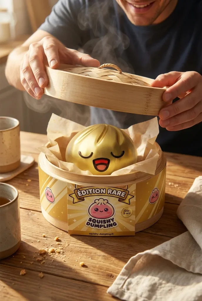 Déballage du Rare Dumpling Squishy Doré Trésor — la boîte panier vapeur s'ouvre