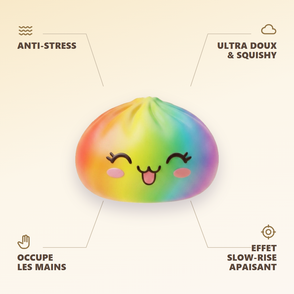 Rare Dumpling Squishy Arc-en-ciel Coloré — anti-stress, ultra doux, effet slow-rise