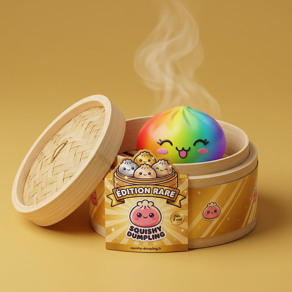 Rare Dumpling Squishy Arc-en-ciel Coloré dans sa boîte panier vapeur bambou