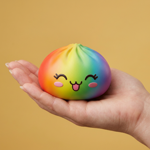 Rare Dumpling Squishy Arc-en-ciel Coloré tenu en main, taille réelle