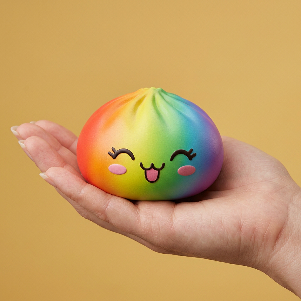 Rare Dumpling Squishy Arc-en-ciel Coloré tenu en main, taille réelle