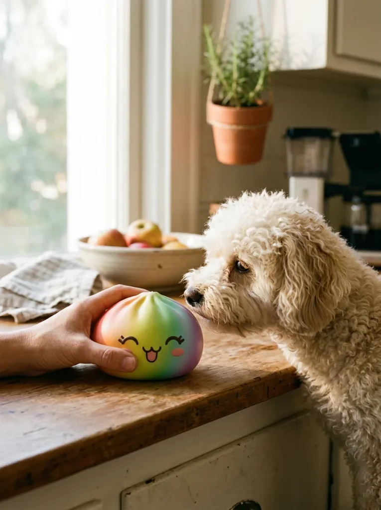 Rare Dumpling Squishy Arc-en-ciel Coloré tenu près d'un animal de compagnie curieux