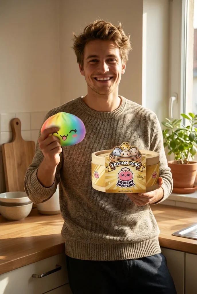 Rare Dumpling Squishy Arc-en-ciel Coloré présenté avec sa boîte panier vapeur — photo client