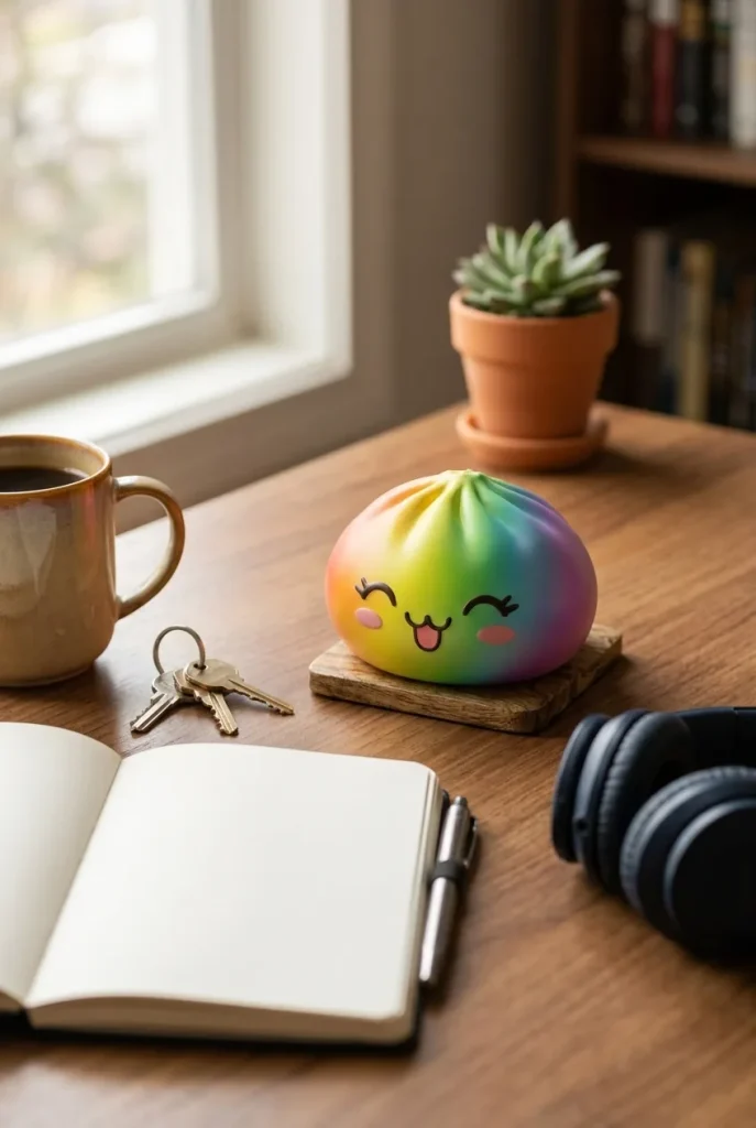 Rare Dumpling Squishy Arc-en-ciel Coloré posé sur un bureau, dans le quotidien