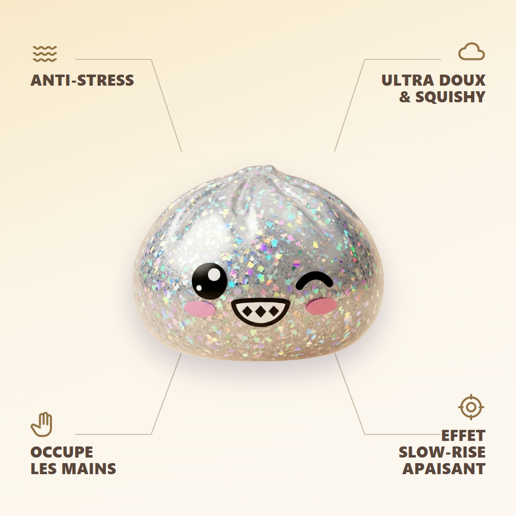 Rare Dumpling Squishy Argenté Scintillant — anti-stress, ultra doux, effet slow-rise
