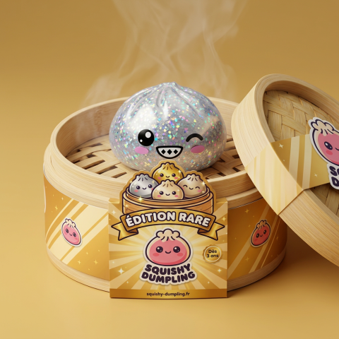 Rare Dumpling Squishy Argenté Scintillant dans sa boîte panier vapeur bambou