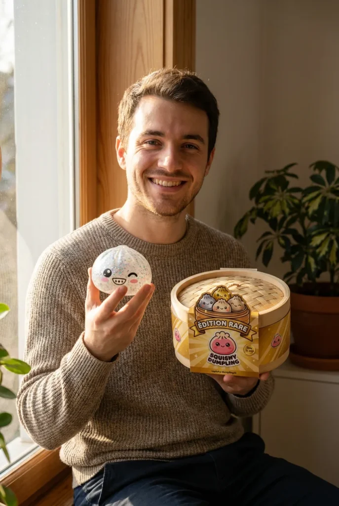 Rare Dumpling Squishy Argenté Scintillant présenté avec sa boîte panier vapeur — photo client