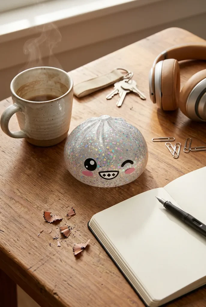 Rare Dumpling Squishy Argenté Scintillant posé sur un bureau, dans le quotidien