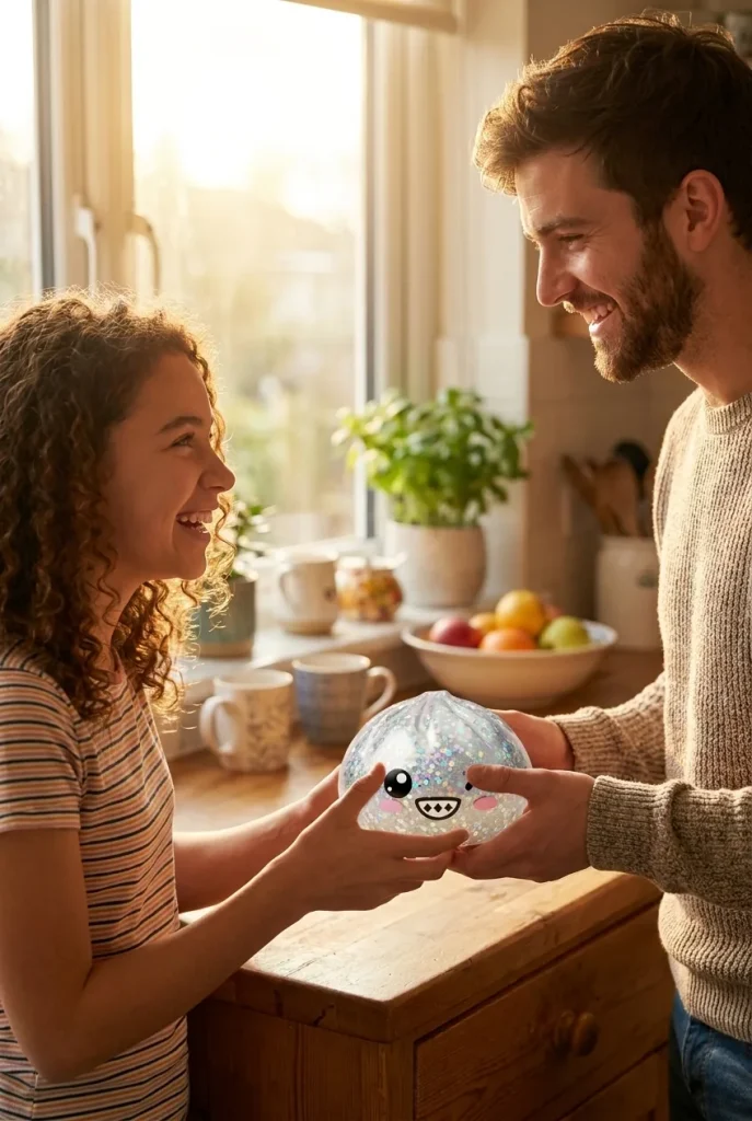 Rare Dumpling Squishy Argenté Scintillant offert en cadeau entre deux personnes