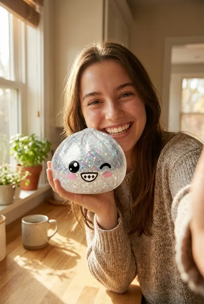 Rare Dumpling Squishy Argenté Scintillant tenu près du visage — photo client