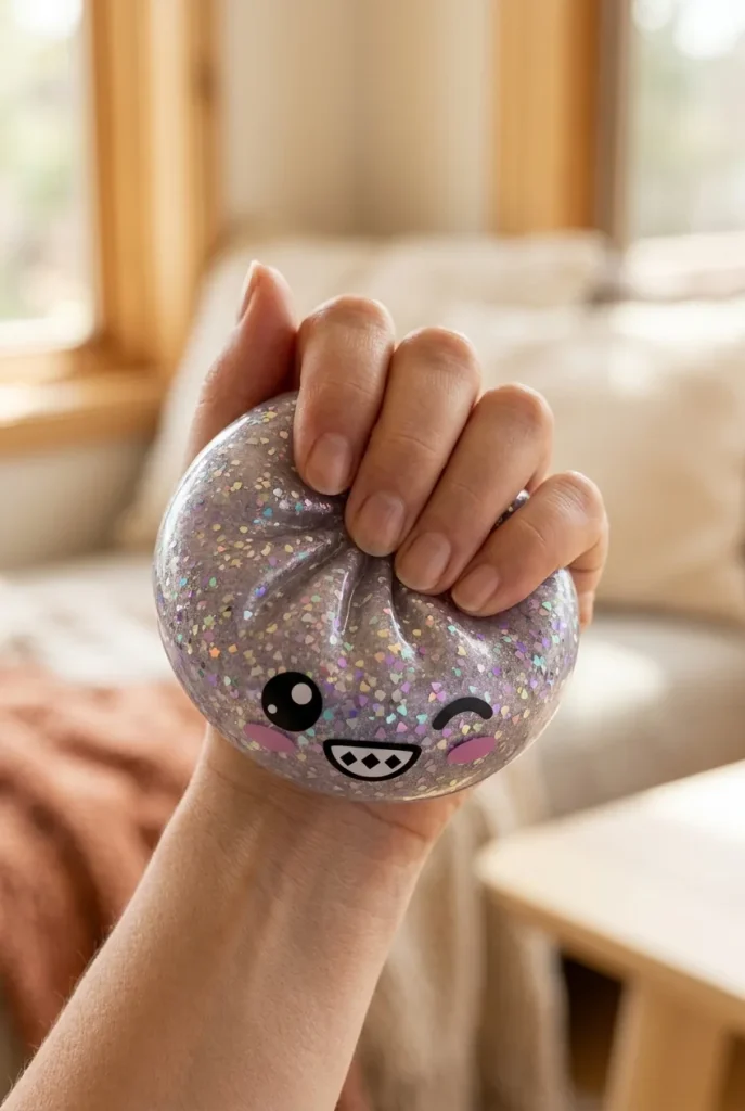 Rare Dumpling Squishy Argenté Scintillant pressé dans la main — effet squishy slow-rise