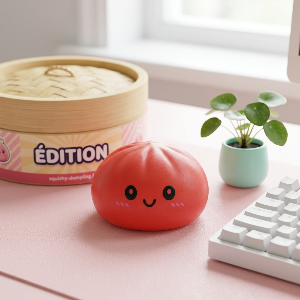 Dumpling Squishy Rouge Cerise en ambiance sur un bureau