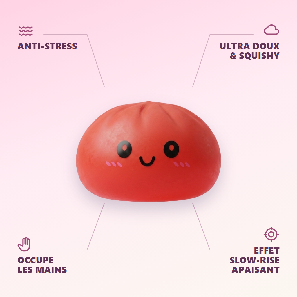Dumpling Squishy Rouge Cerise — anti-stress, ultra doux, effet slow-rise