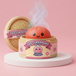 Dumpling Squishy Rouge Cerise dans sa boîte panier vapeur bambou