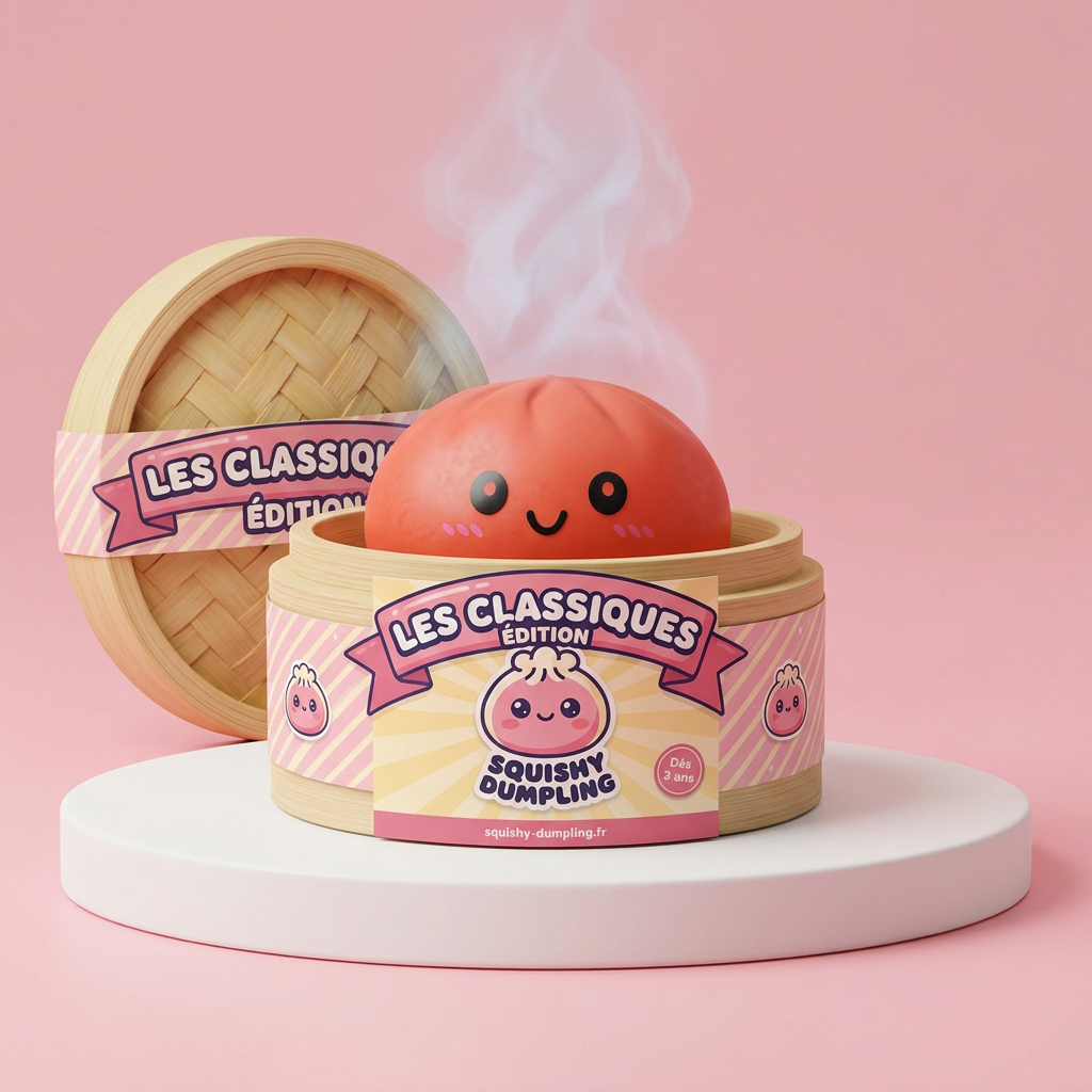 Dumpling Squishy Rouge Cerise dans sa boîte panier vapeur bambou