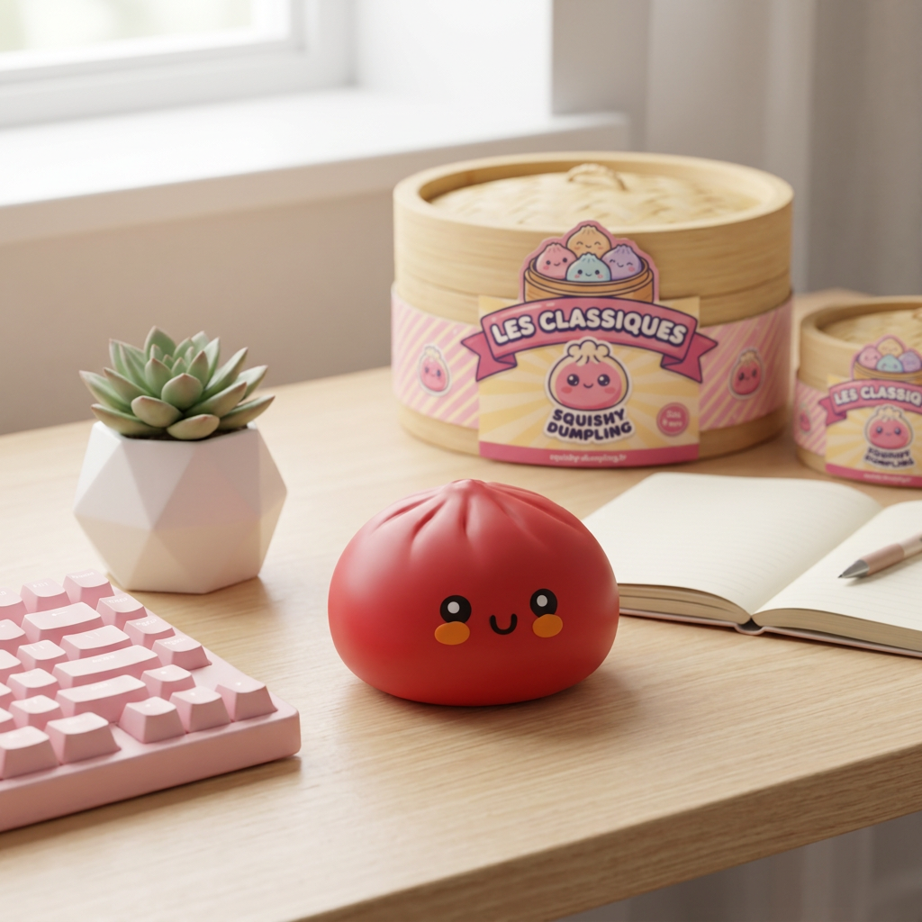 Squishy Dumpling Rouge Fluffy en ambiance sur un bureau
