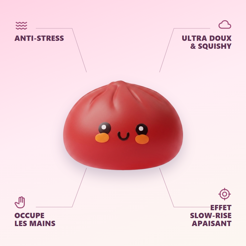 Squishy Dumpling Rouge Fluffy — anti-stress, ultra doux, effet slow-rise