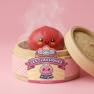 Squishy Dumpling Rouge Fluffy dans sa boîte panier vapeur façon bambou