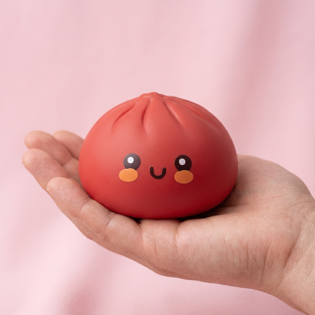 Squishy Dumpling Rouge Fluffy tenu en main, taille réelle