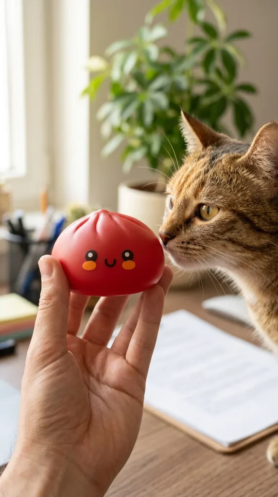 Squishy Dumpling Rouge Fluffy tenu près d'un animal de compagnie curieux