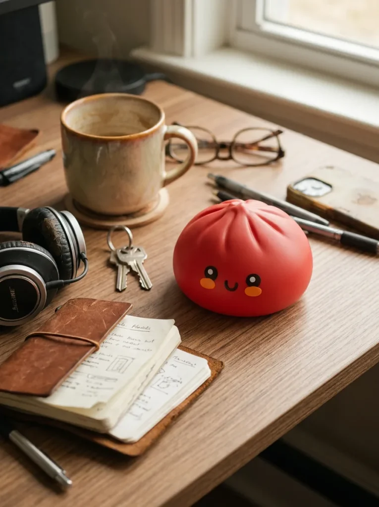Squishy Dumpling Rouge Fluffy posé sur un bureau, dans le quotidien