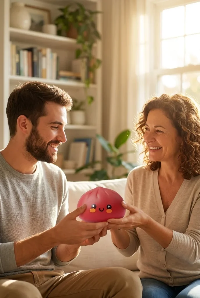 Squishy Dumpling Rouge Fluffy offert en cadeau entre deux personnes